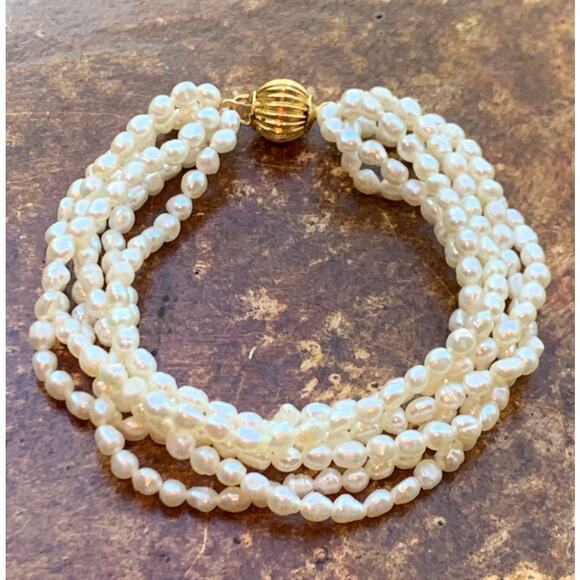 Six Strand Rice Freshwater Pearl Bracelet with Gold Clasp - Picture 3 of 5